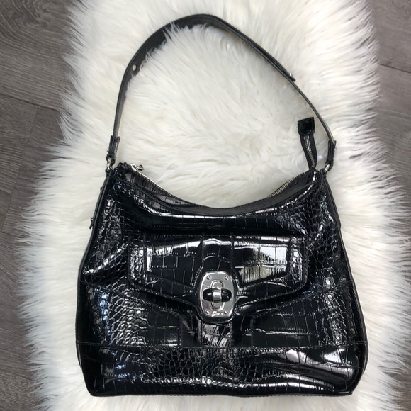 Guess Handbags - Guess Black Croc-Embossed Shoulder Bag with Silver Hardware